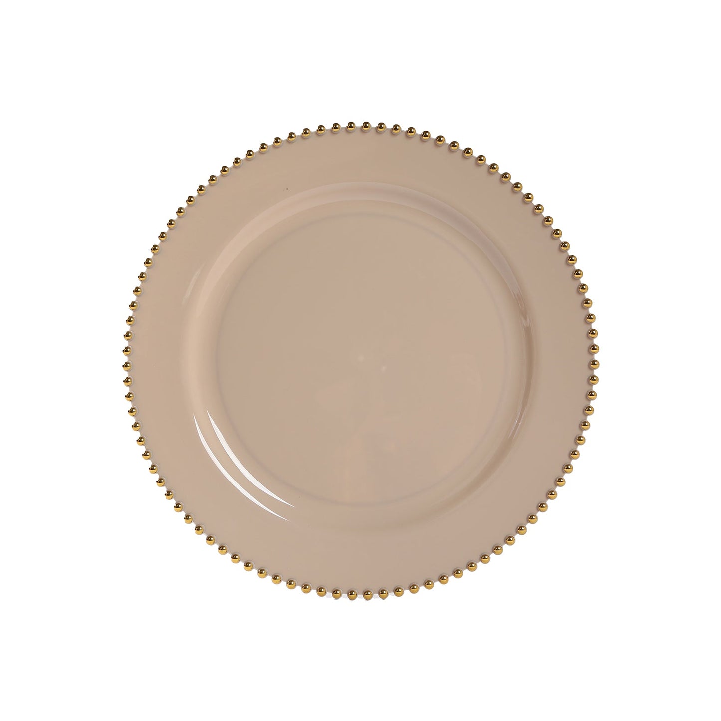 10-Pack Economy Round Plastic Charger Plates 13" in Taupe with Gold Beaded Rim, Stylish Dinner Party Serving Plates