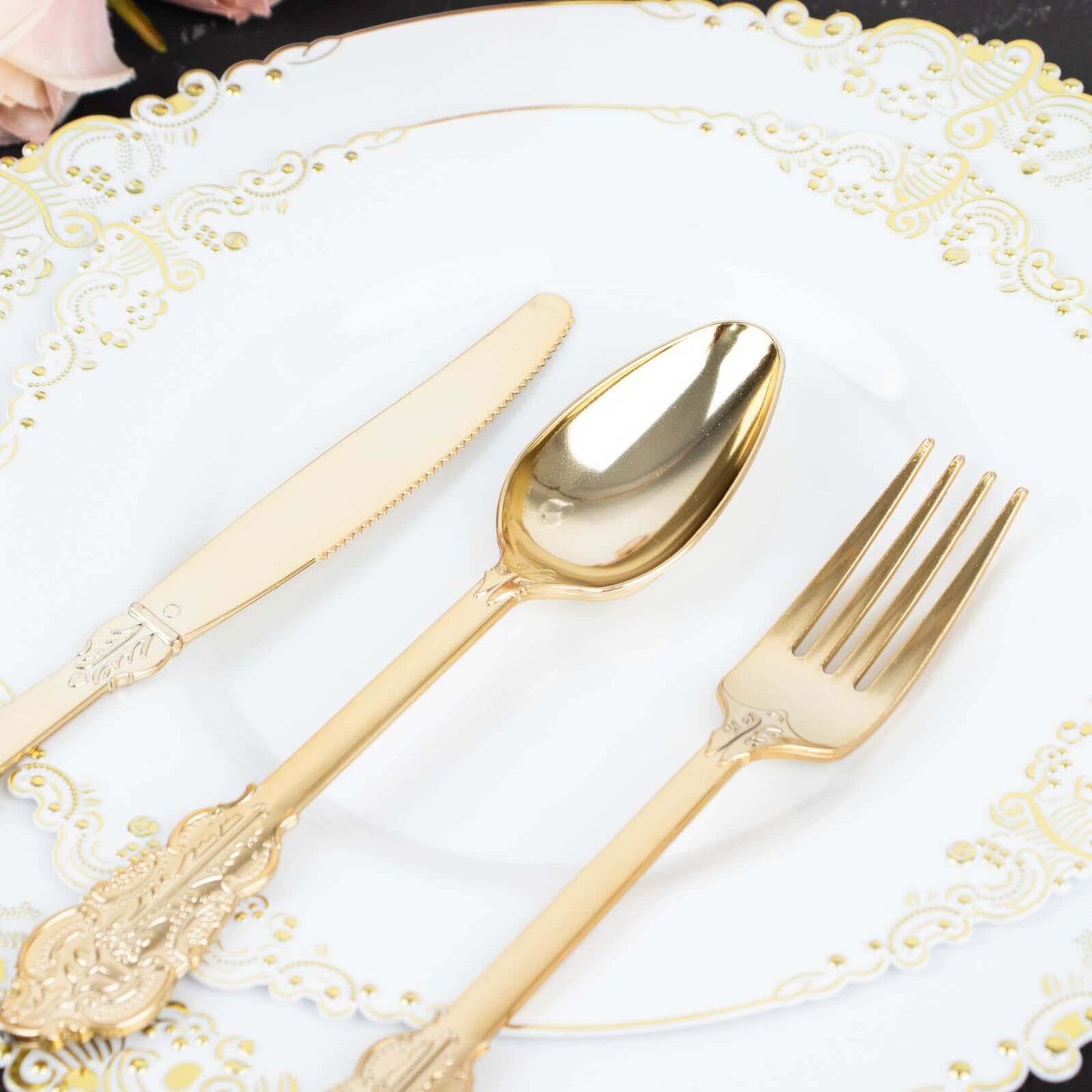 24 Pcs Plastic Silverware Set in Baroque Style Metallic Gold - Heavy Duty Disposable Knife, Fork, and Spoon Set