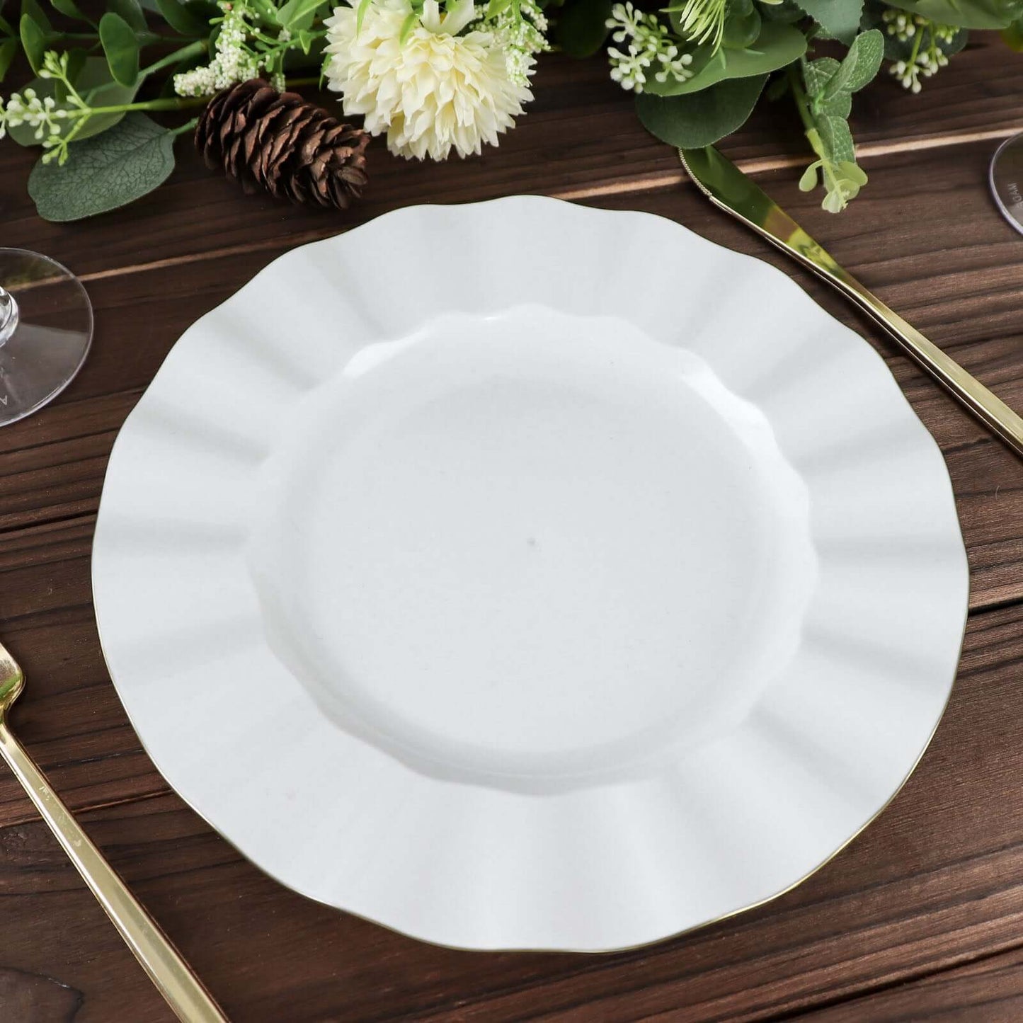 10-Pack Plastic 9" Round Dinner Plates in White Ruffled Rim with Gold Edging - Sturdy Disposable Dinnerware for Classy Events & Banquets