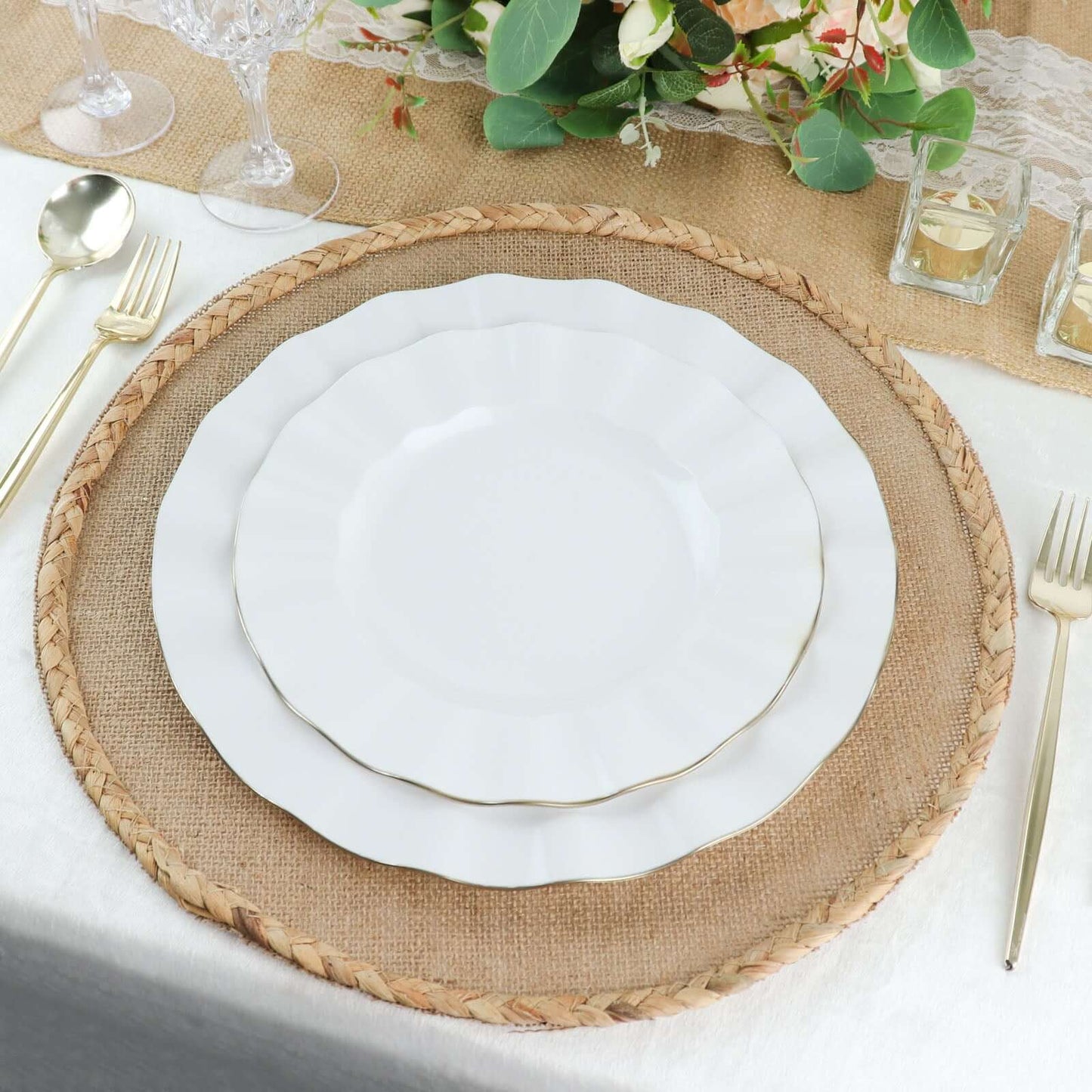 10-Pack Plastic 11" Round Dinner Plates in White Ruffled Rim with Gold Edging - Sturdy Disposable Dinnerware for Classy Events & Banquets