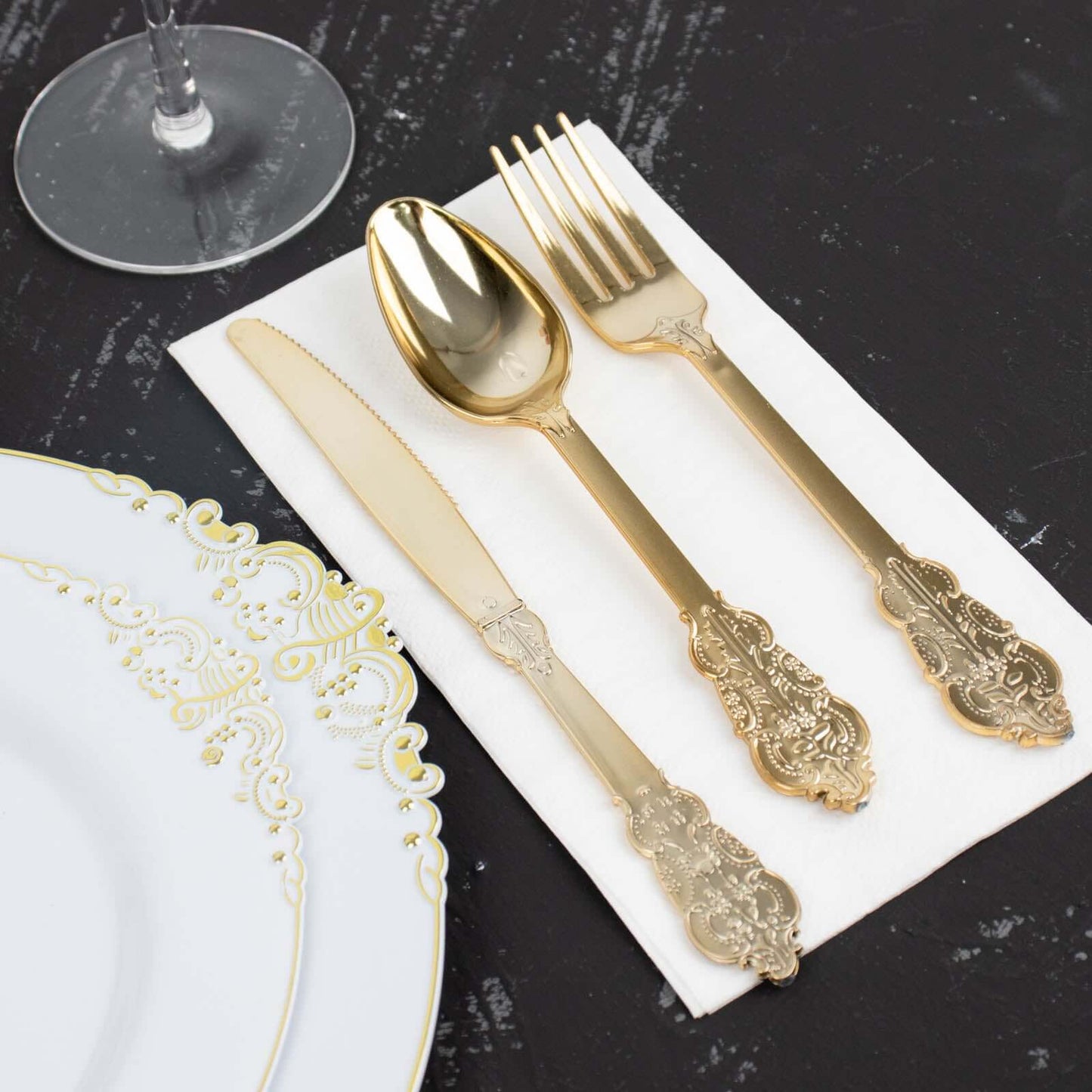 24 Pcs Plastic Silverware Set in Baroque Style Metallic Gold - Heavy Duty Disposable Knife, Fork, and Spoon Set