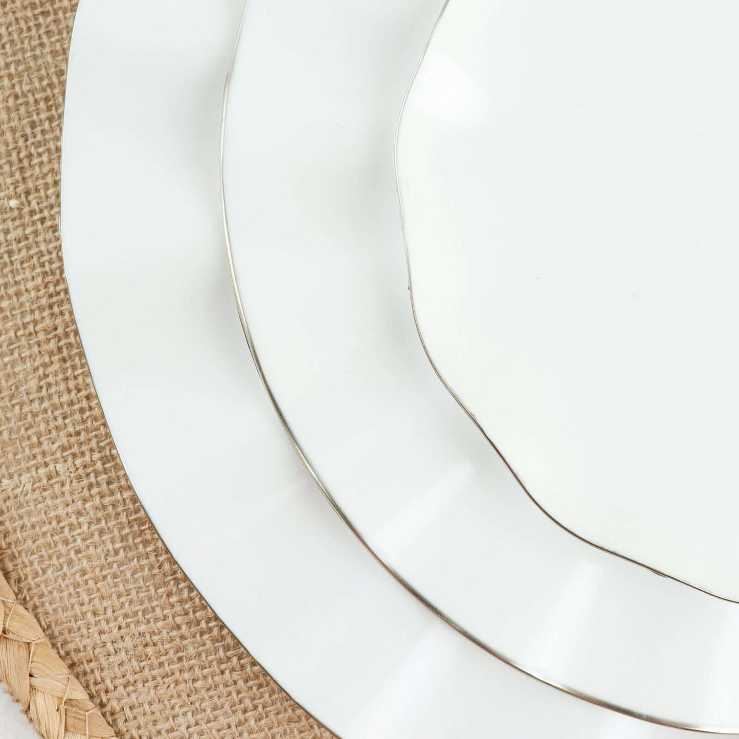 10-Pack Plastic 11" Round Dinner Plates in White Ruffled Rim with Gold Edging - Sturdy Disposable Dinnerware for Classy Events & Banquets