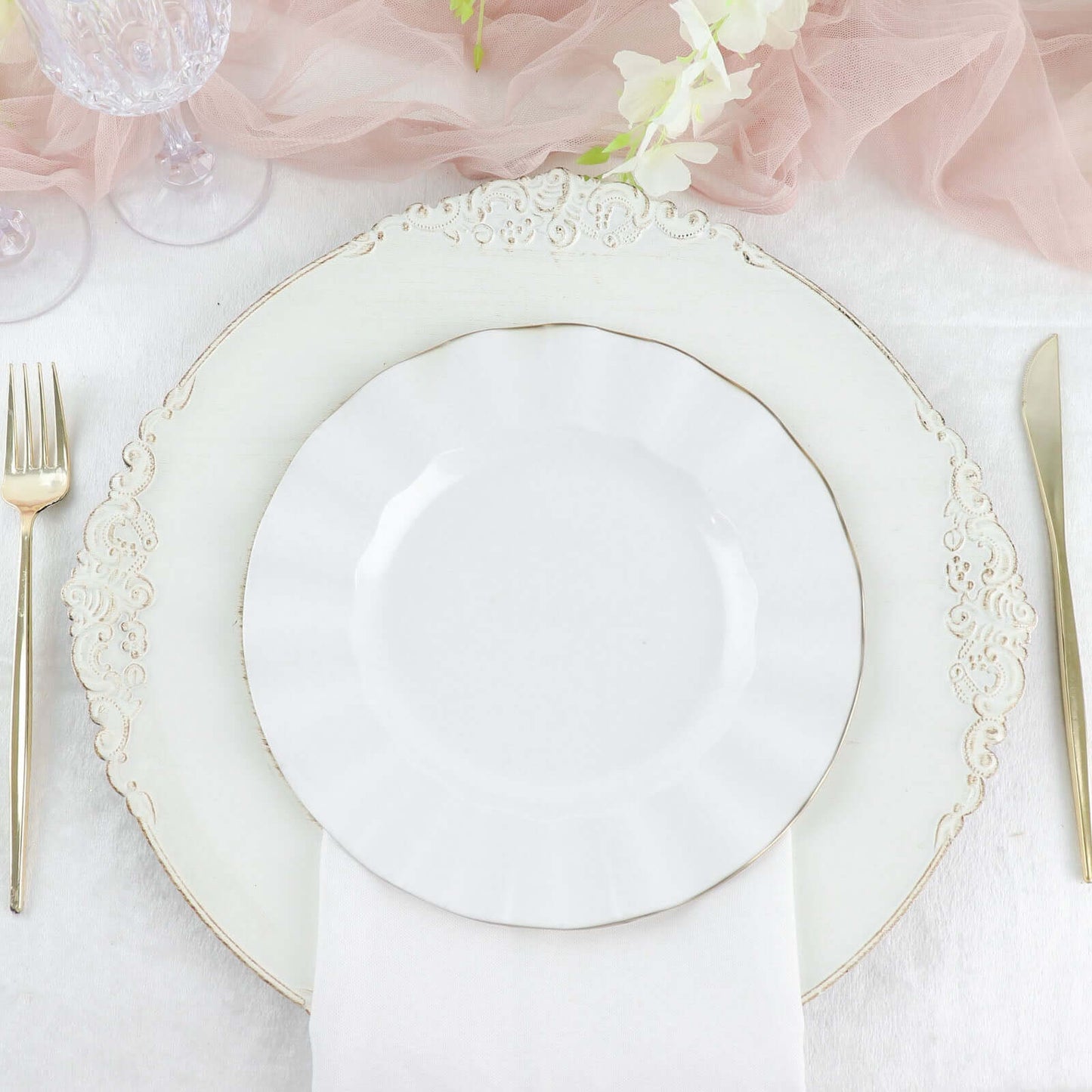10-Pack Plastic 9" Round Dinner Plates in White Ruffled Rim with Gold Edging - Sturdy Disposable Dinnerware for Classy Events & Banquets