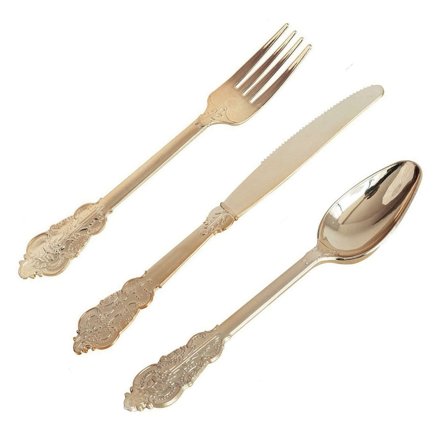 24 Pcs Plastic Silverware Set in Baroque Style Metallic Gold - Heavy Duty Disposable Knife, Fork, and Spoon Set
