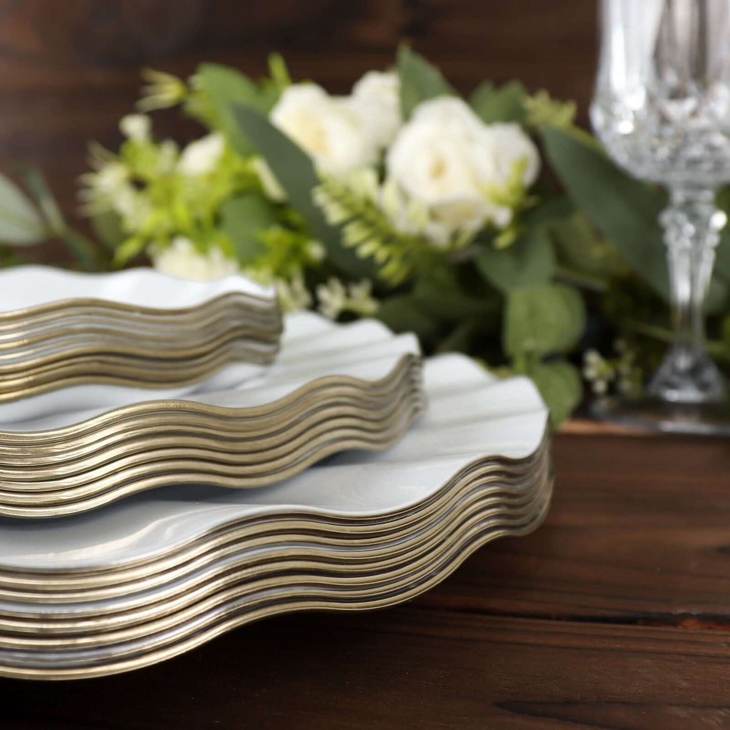 10-Pack Plastic 11" Round Dinner Plates in White Ruffled Rim with Gold Edging - Sturdy Disposable Dinnerware for Classy Events & Banquets