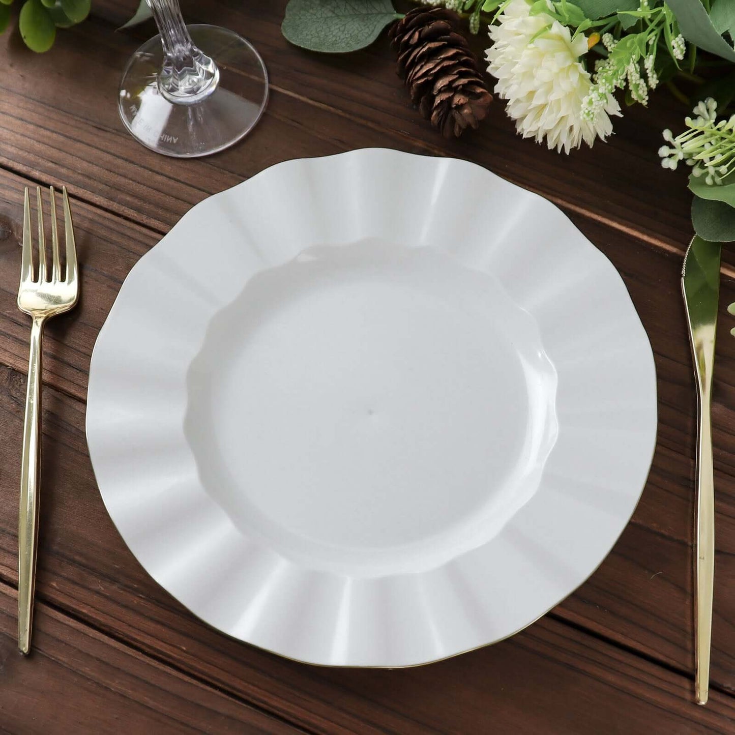 10-Pack Plastic 9" Round Dinner Plates in White Ruffled Rim with Gold Edging - Sturdy Disposable Dinnerware for Classy Events & Banquets