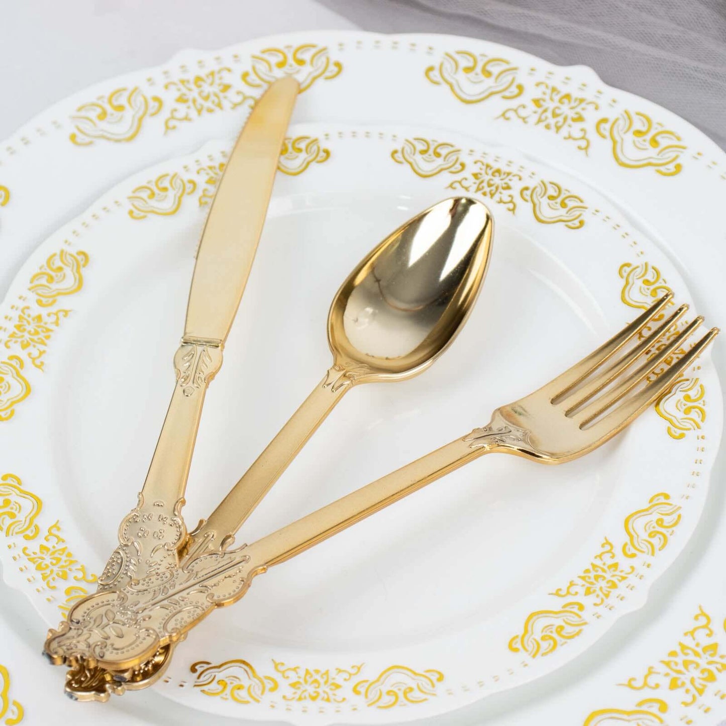 24 Pcs Plastic Silverware Set in Baroque Style Metallic Gold - Heavy Duty Disposable Knife, Fork, and Spoon Set