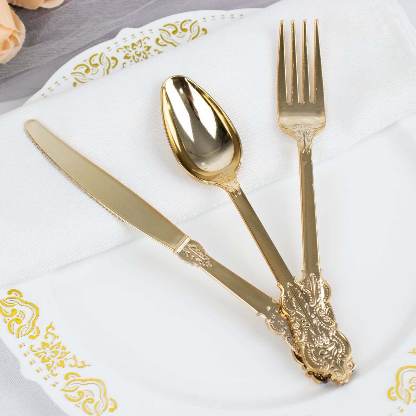 24 Pcs Plastic Silverware Set in Baroque Style Metallic Gold - Heavy Duty Disposable Knife, Fork, and Spoon Set