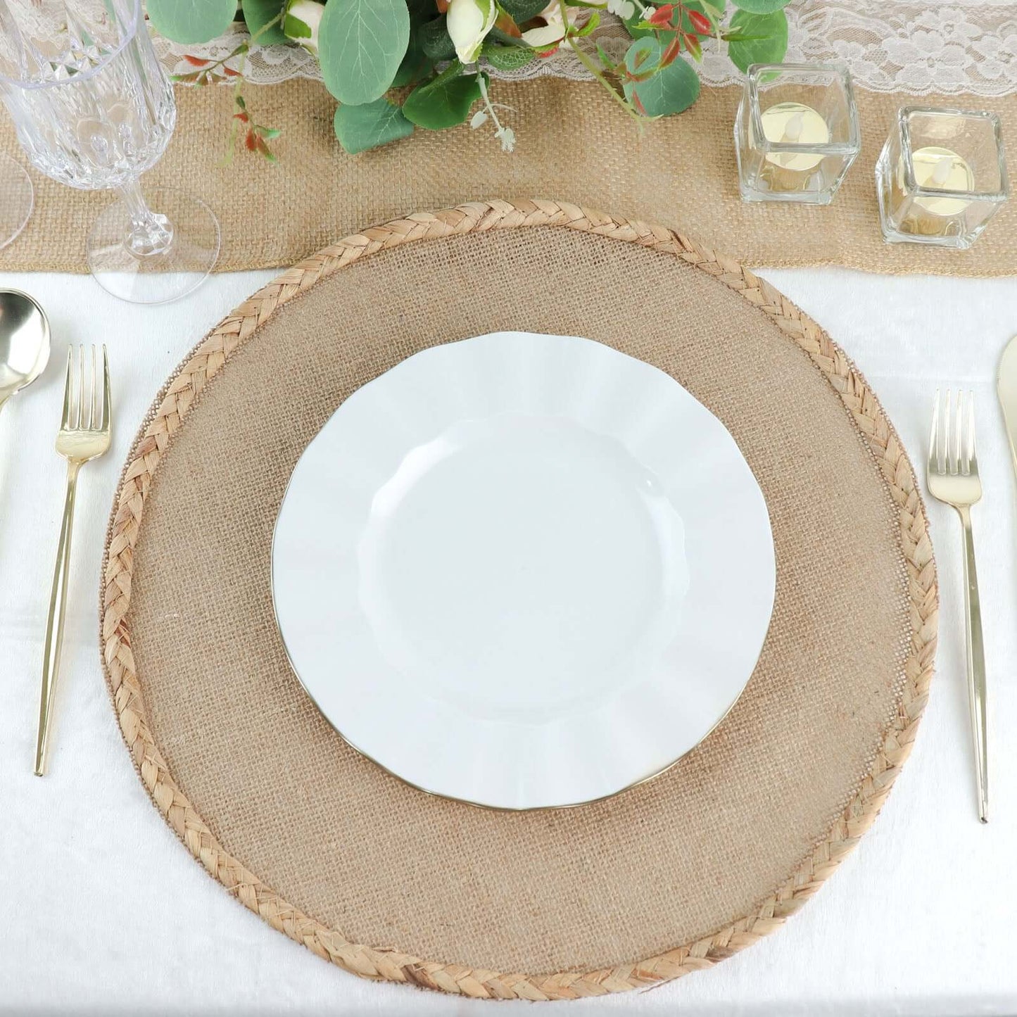 10-Pack Plastic 9" Round Dinner Plates in White Ruffled Rim with Gold Edging - Sturdy Disposable Dinnerware for Classy Events & Banquets