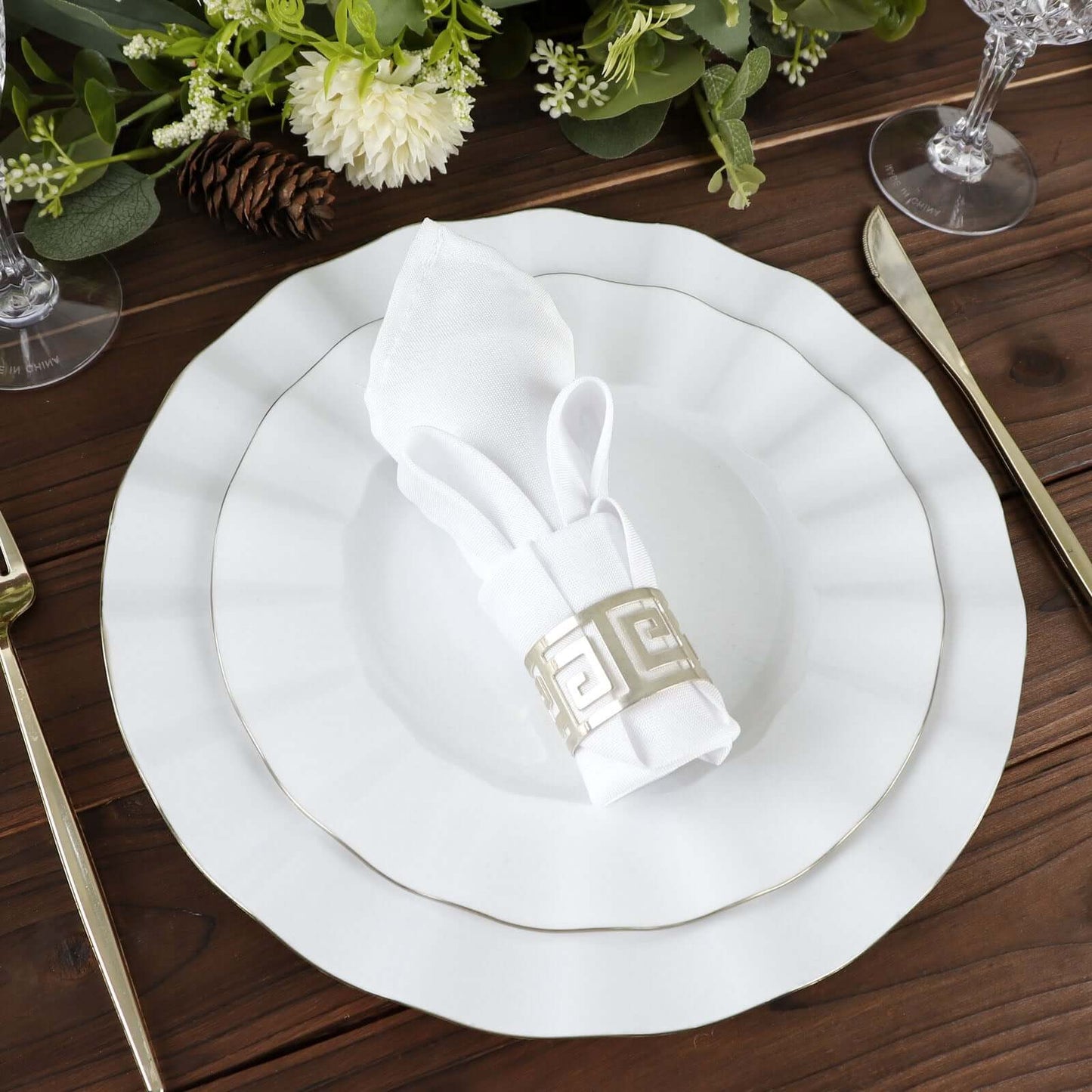 10-Pack Plastic 11" Round Dinner Plates in White Ruffled Rim with Gold Edging - Sturdy Disposable Dinnerware for Classy Events & Banquets