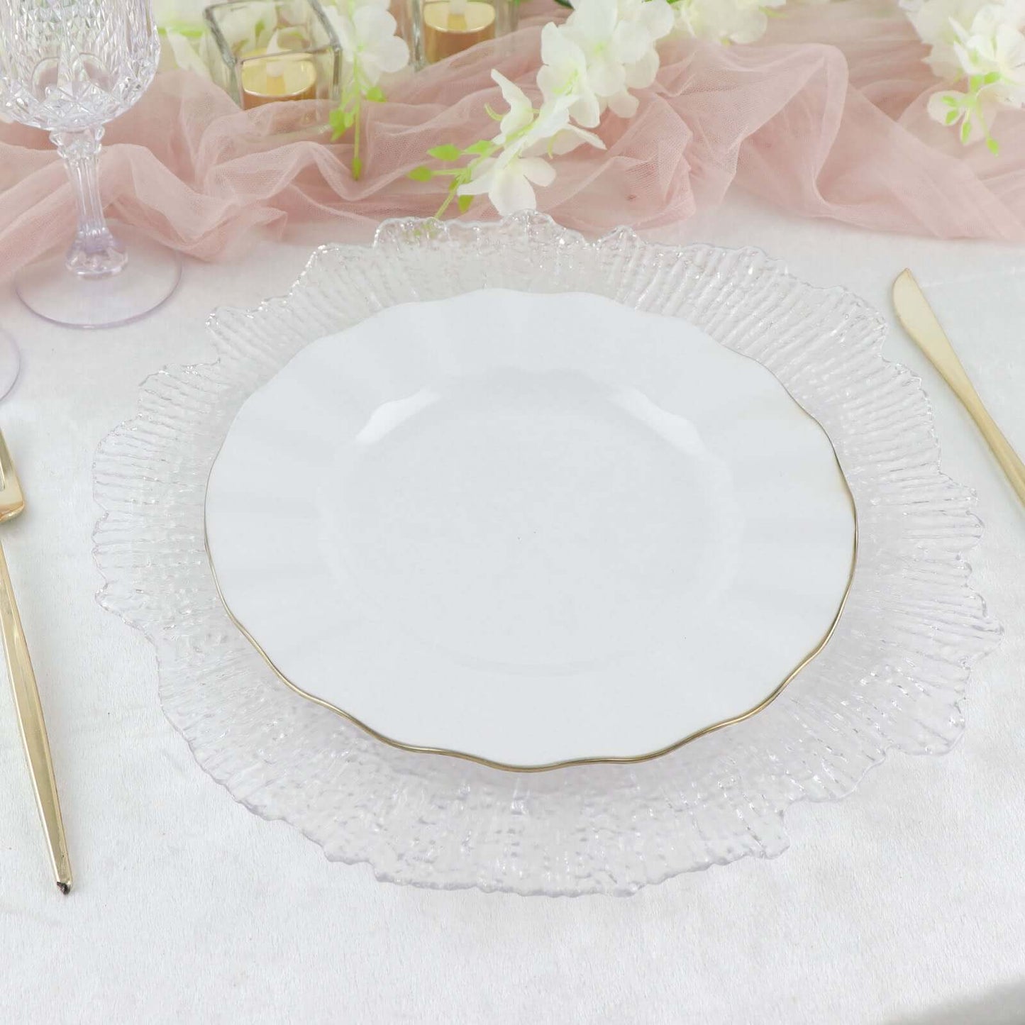 10-Pack Plastic 9" Round Dinner Plates in White Ruffled Rim with Gold Edging - Sturdy Disposable Dinnerware for Classy Events & Banquets