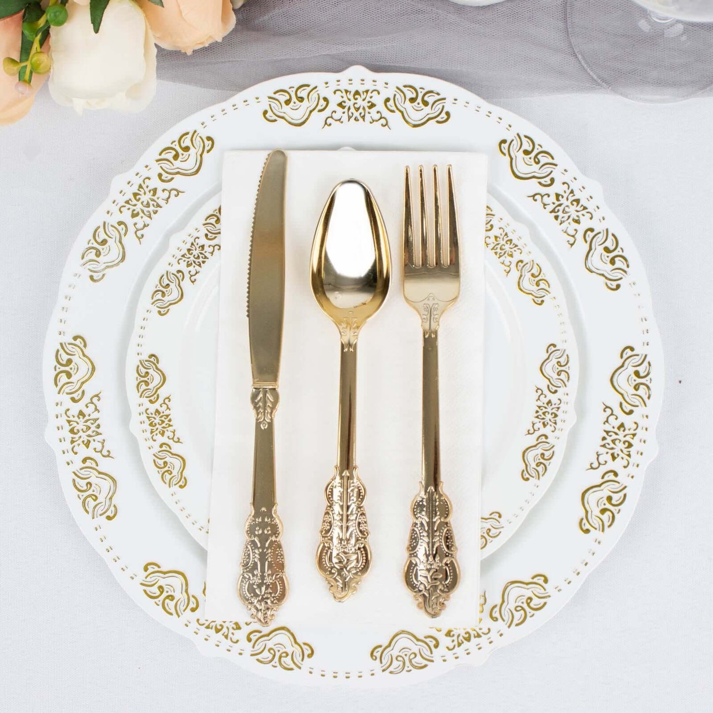 24 Pcs Plastic Silverware Set in Baroque Style Metallic Gold - Heavy Duty Disposable Knife, Fork, and Spoon Set