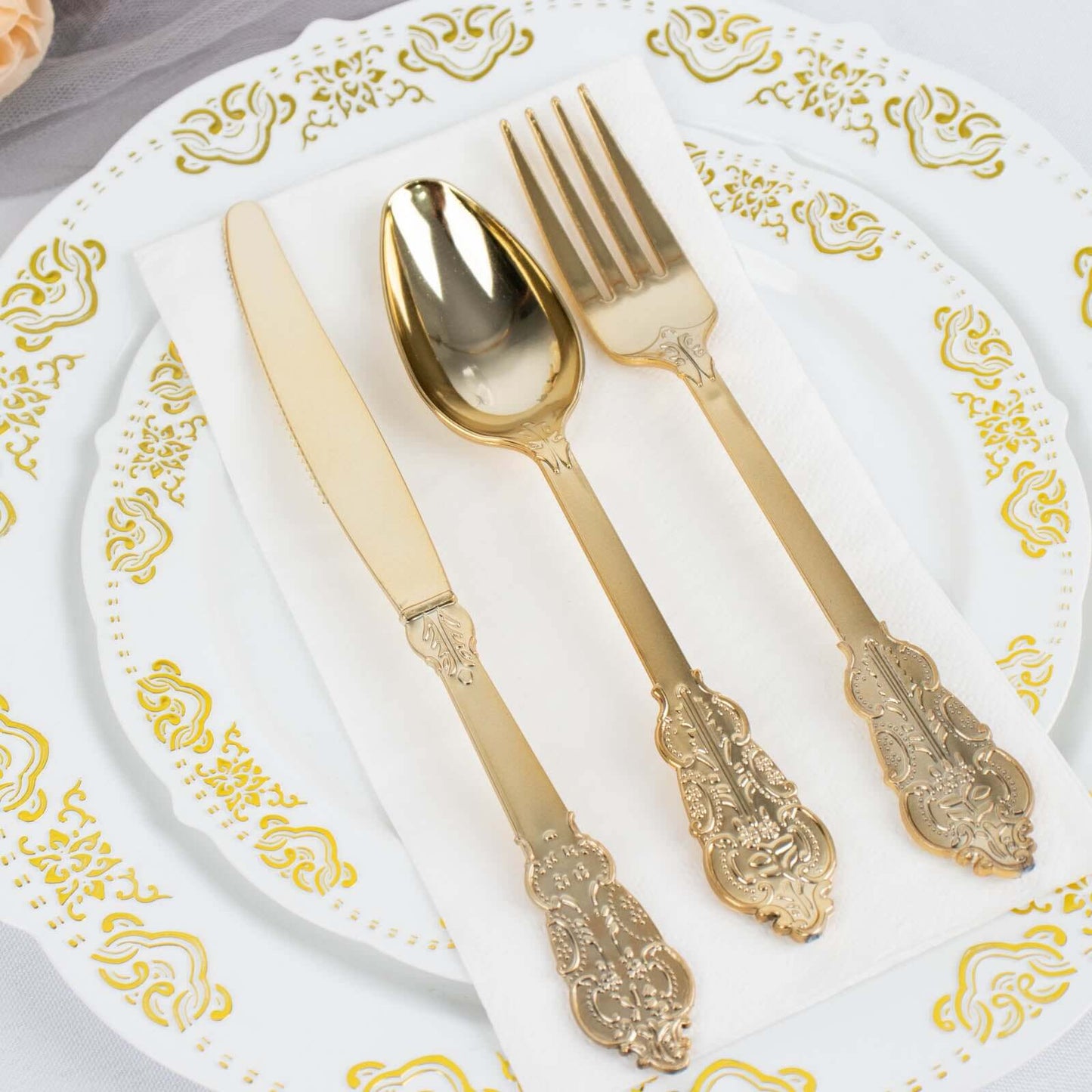 24 Pcs Plastic Silverware Set in Baroque Style Metallic Gold - Heavy Duty Disposable Knife, Fork, and Spoon Set