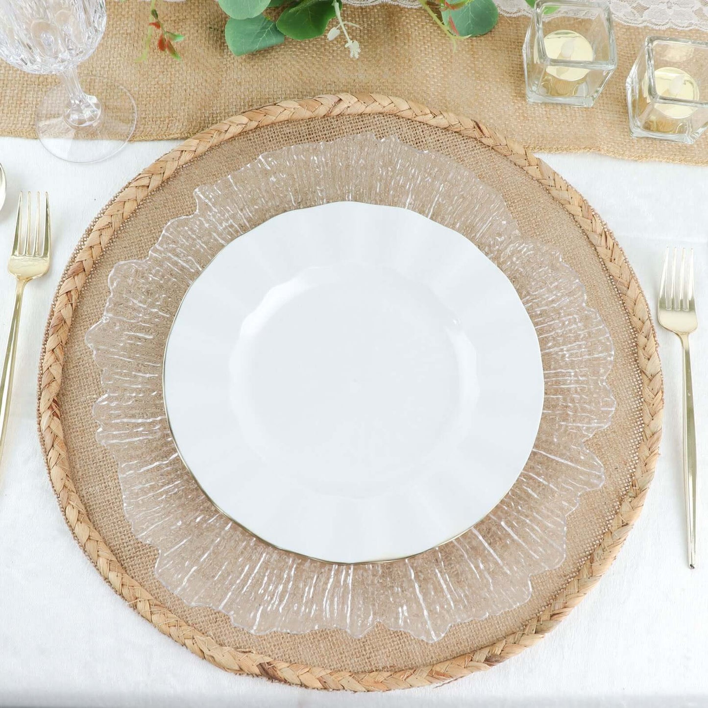 10-Pack Plastic 9" Round Dinner Plates in White Ruffled Rim with Gold Edging - Sturdy Disposable Dinnerware for Classy Events & Banquets