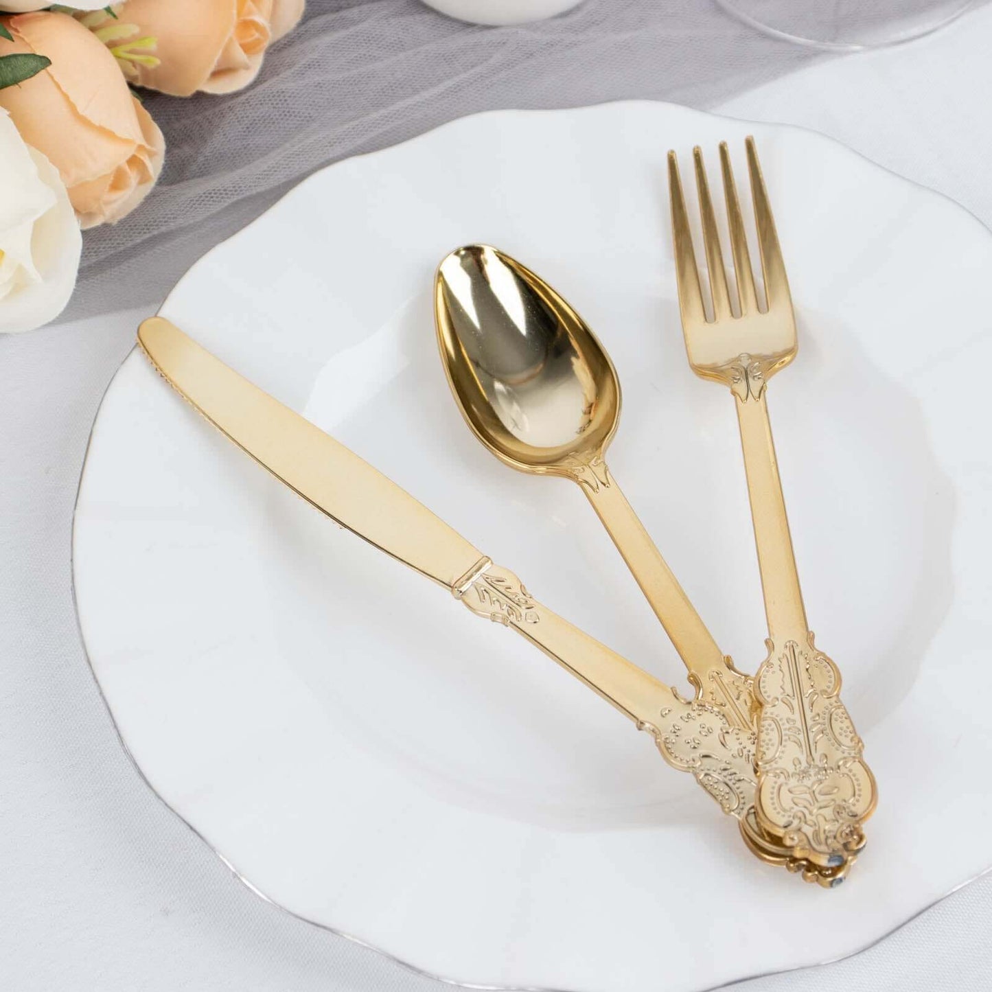 24 Pcs Plastic Silverware Set in Baroque Style Metallic Gold - Heavy Duty Disposable Knife, Fork, and Spoon Set
