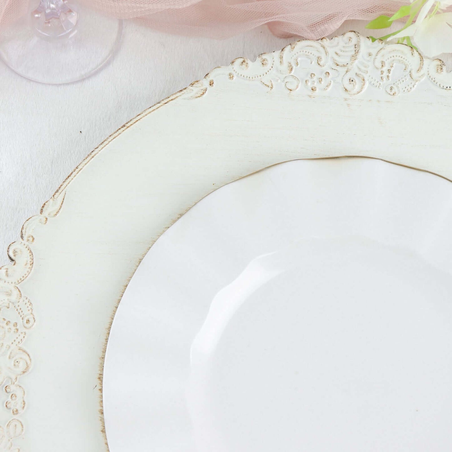 10-Pack Plastic 9" Round Dinner Plates in White Ruffled Rim with Gold Edging - Sturdy Disposable Dinnerware for Classy Events & Banquets
