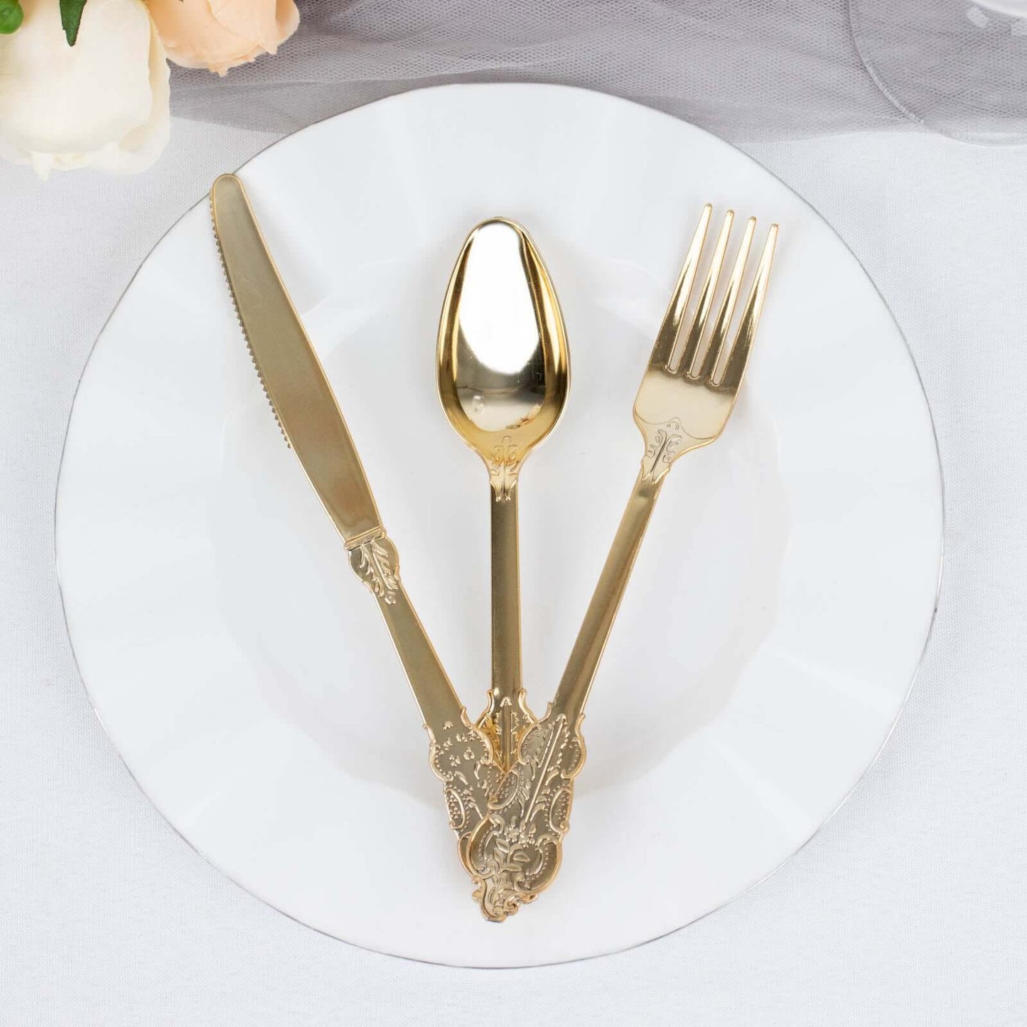 24 Pcs Plastic Silverware Set in Baroque Style Metallic Gold - Heavy Duty Disposable Knife, Fork, and Spoon Set