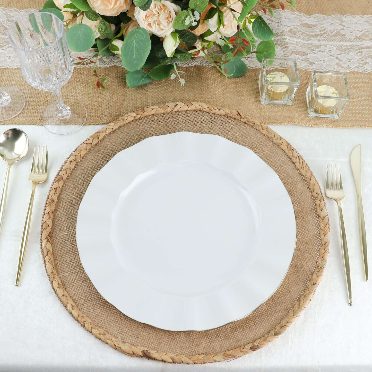 10-Pack Plastic 11" Round Dinner Plates in White Ruffled Rim with Gold Edging - Sturdy Disposable Dinnerware for Classy Events & Banquets