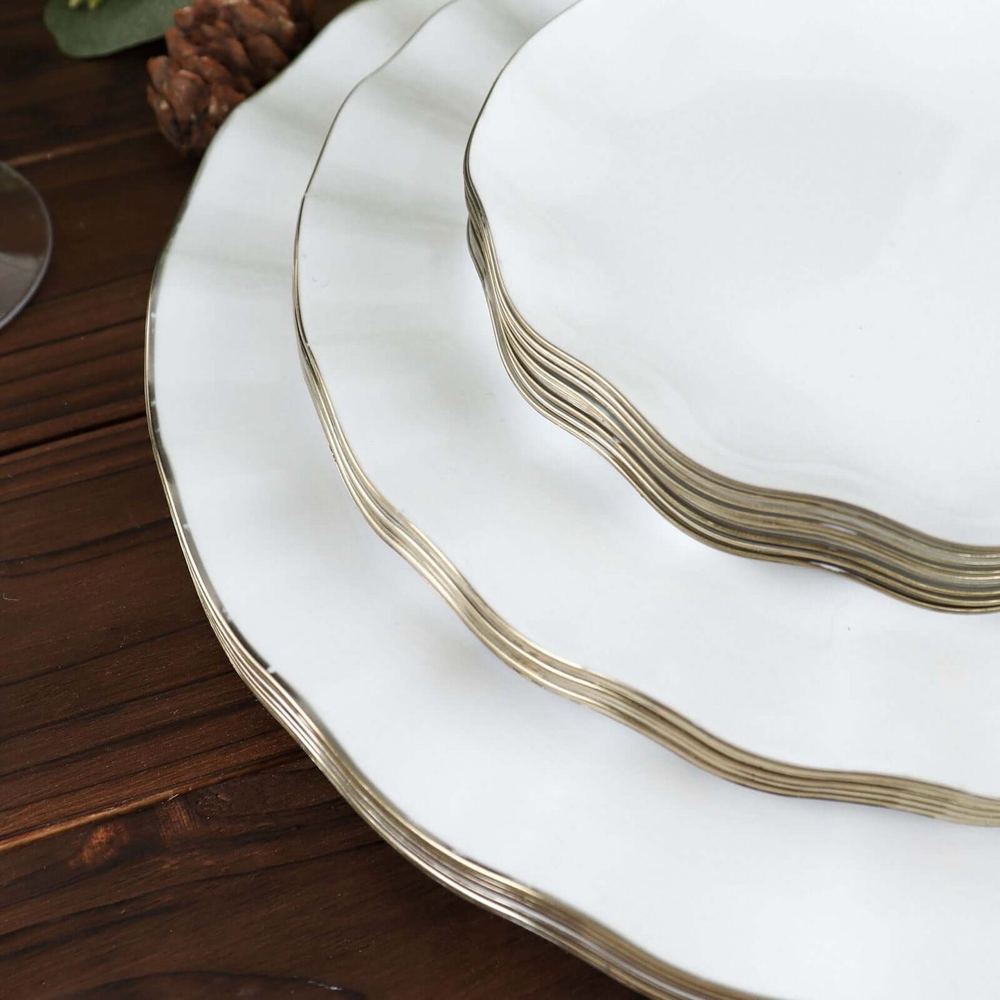 10-Pack Plastic 11" Round Dinner Plates in White Ruffled Rim with Gold Edging - Sturdy Disposable Dinnerware for Classy Events & Banquets