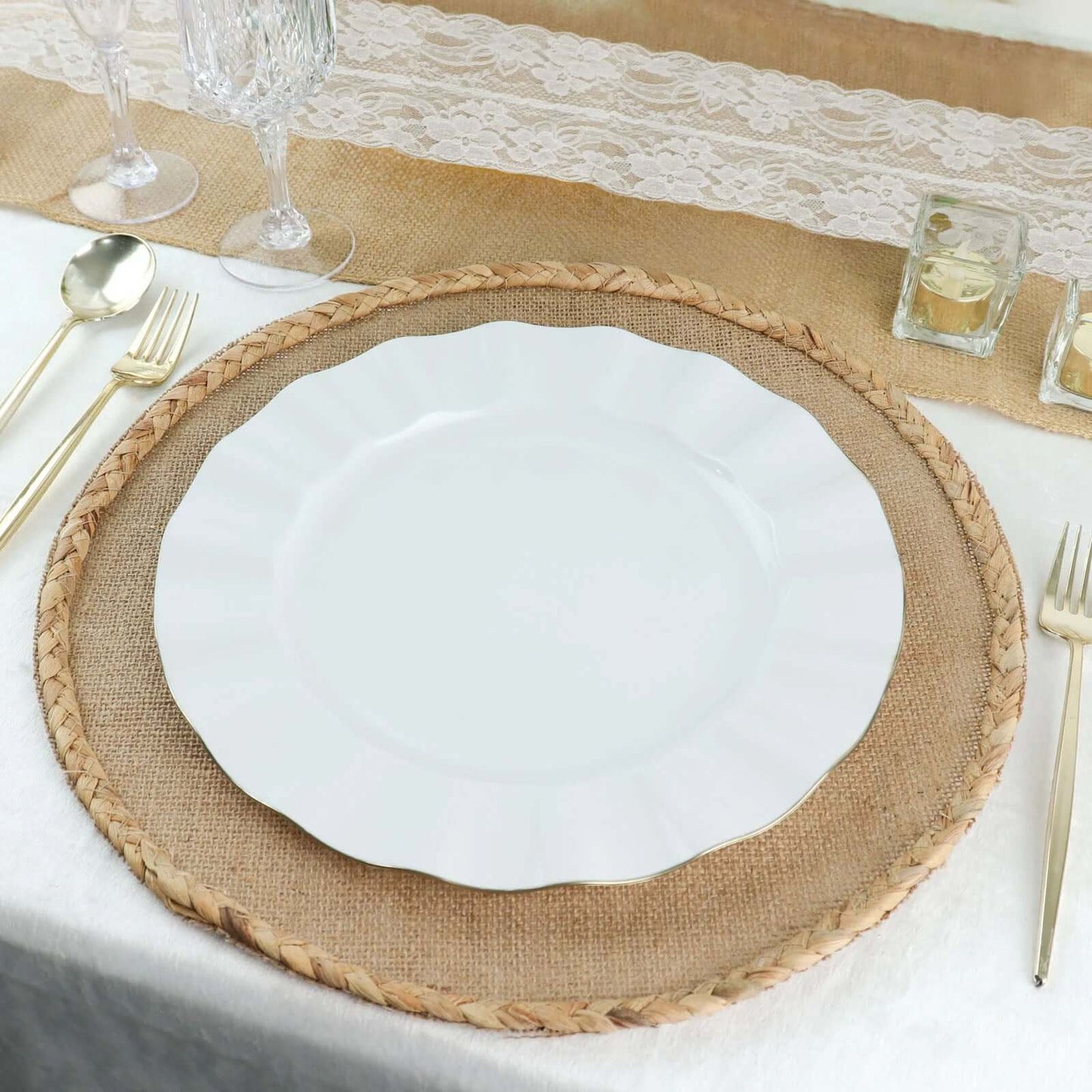 10-Pack Plastic 11" Round Dinner Plates in White Ruffled Rim with Gold Edging - Sturdy Disposable Dinnerware for Classy Events & Banquets