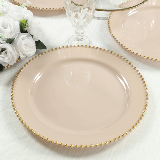 10-Pack Economy Round Plastic Charger Plates 13" in Taupe with Gold Beaded Rim, Stylish Dinner Party Serving Plates