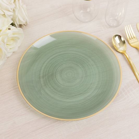 20-Pack 10" Plastic Dinner Plates, Round Translucent Dusty Sage Green Swirl with Gold Rim – Crystal-Like Elegant Heavy Duty Party Plates